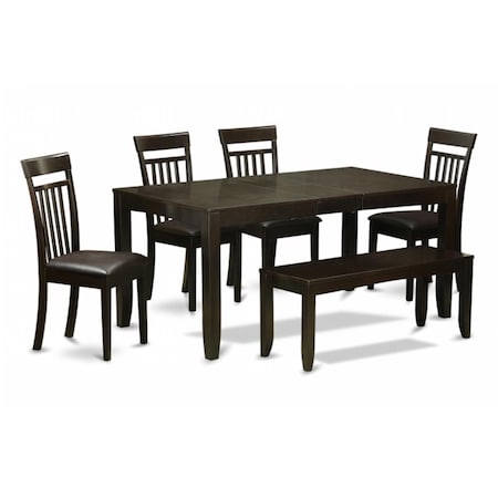 East West Furniture 6 Piece Dining Table Set With Bench-Table With Leaf and 4 Chairs For Dining Room Plus Bench LYCA6-CAP-LC